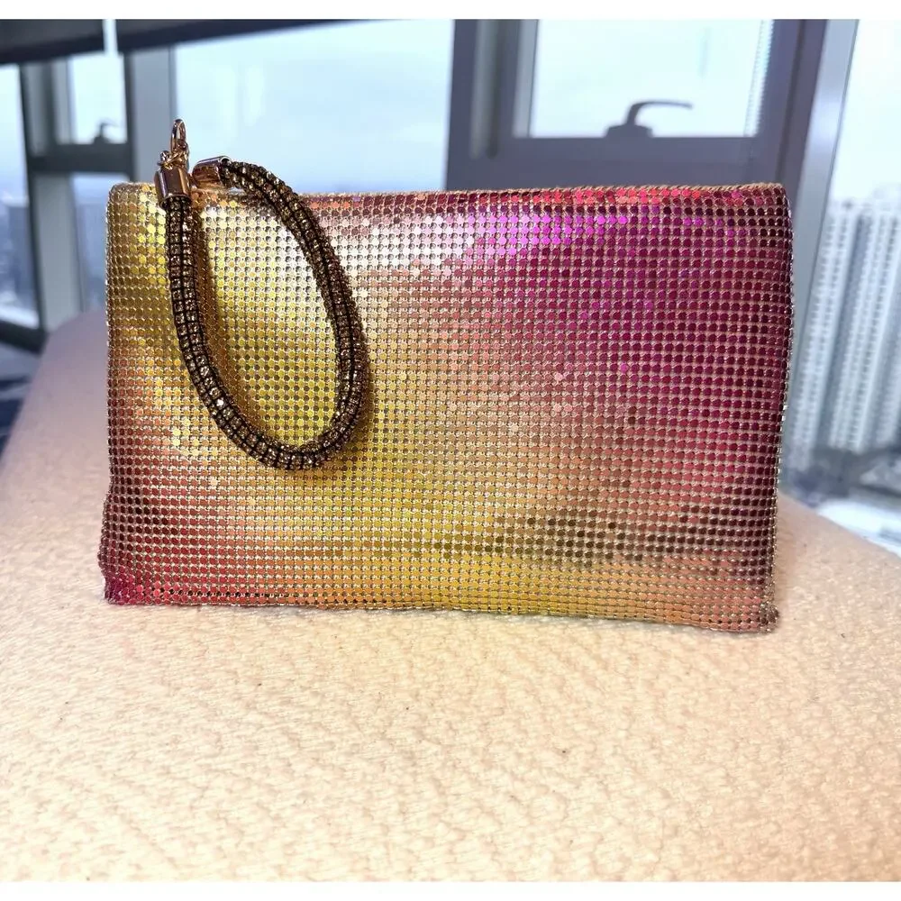 Nina Bergman Metallic Mesh Rainbow Glass Crystal Wristlet Clutch, NWOT